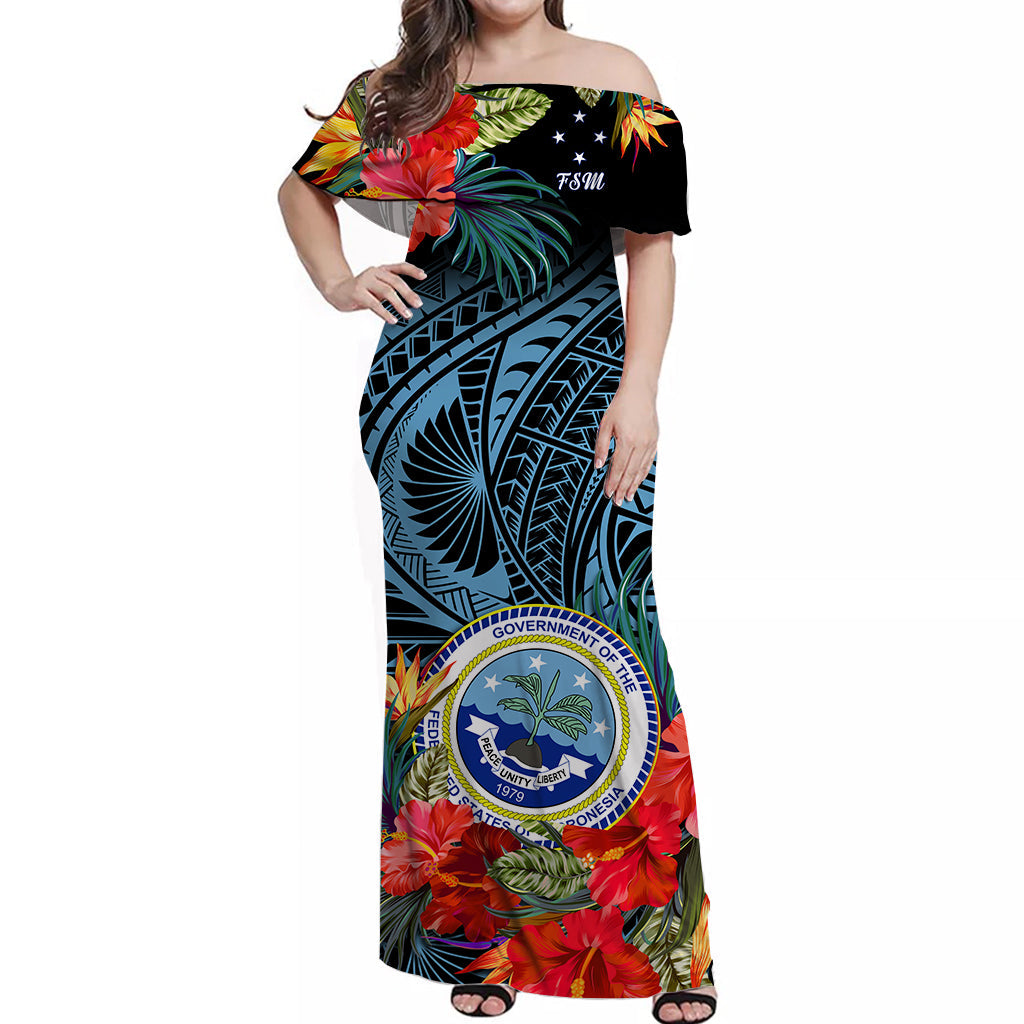 Federated States of Micronesia Off Shoulder Long Dress Hibiscus Flowers FSM Seal Polynesian Ver.01 LT14 Women Blue - Polynesian Pride