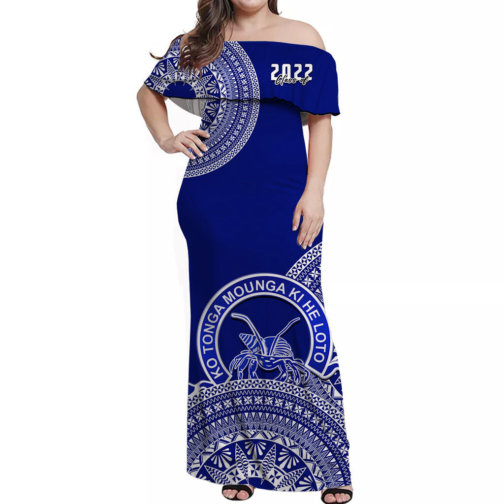 (Custom Personalised) Queen Salote Tonga College Off Shoulder Long Dress Class Of Year Tongan Ngatu Pattern LT14 Women Blue - Polynesian Pride