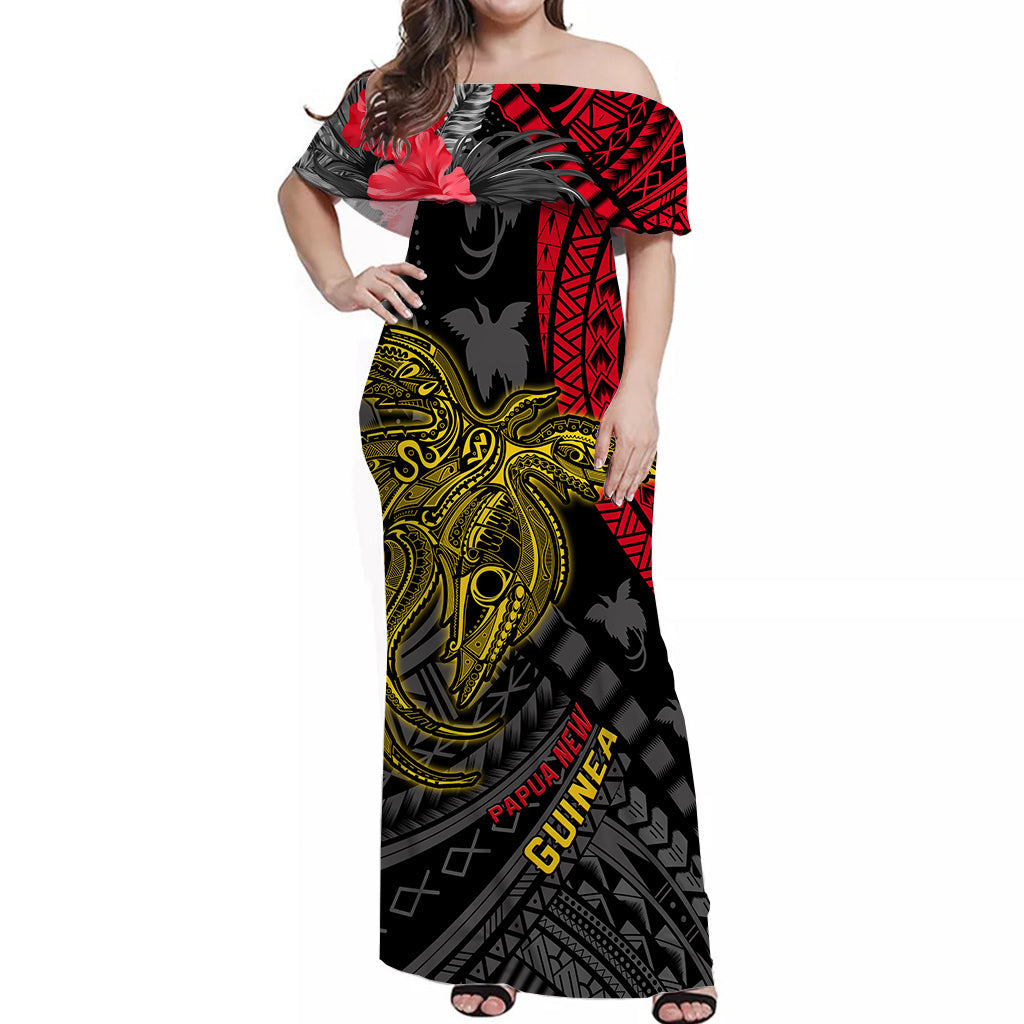 (Custom Personalised) Papua New Guinea Off Shoulder Long Dress Raggiana Birds Of Paradise Happy 47th Independence Day LT13 Women Black - Polynesian Pride