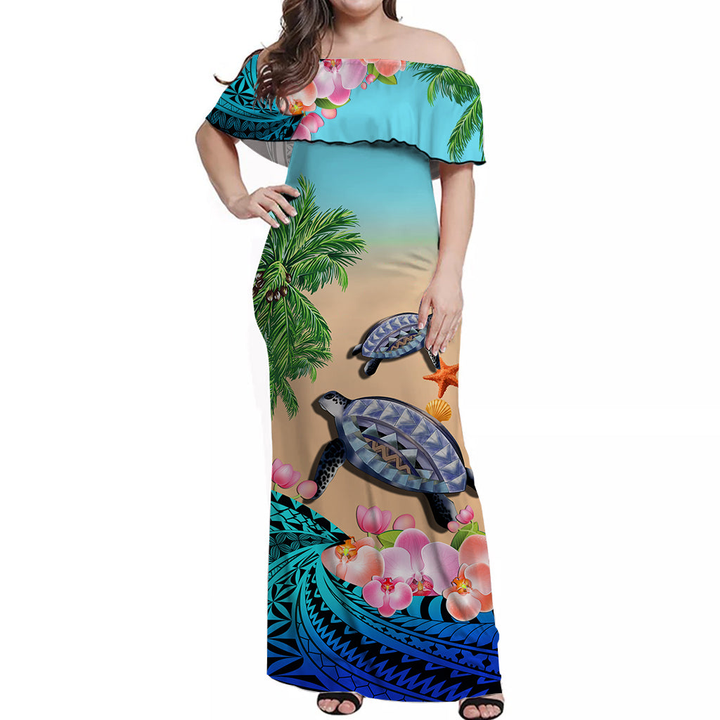 Polynesian Turtle Coconut Tree And Orchids Off Shoulder Long Dress LT14 Women Blue - Polynesian Pride