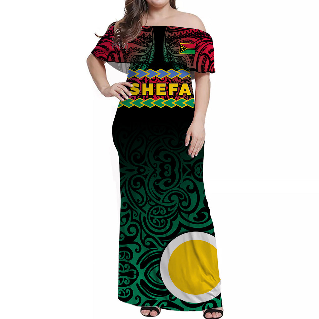 Shefa Province Off Shoulder Long Dress Vanuatu Pig Tusk Polynesian Flag Style LT14 Women Black - Polynesian Pride