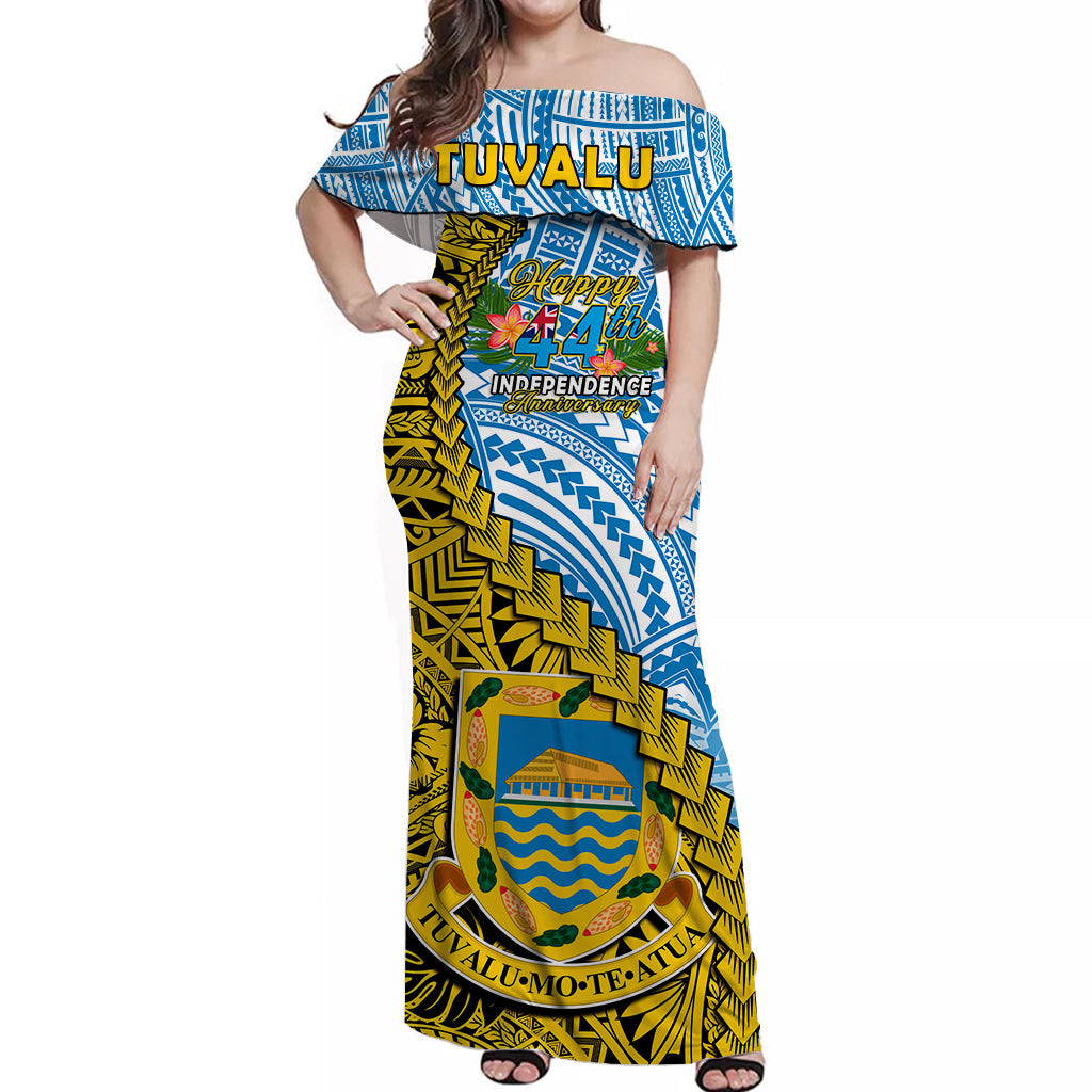 (Custom Personalised) Tuvalu 1978 Off Shoulder Long Dress Happy 44th Independence Anniversary Polynesian Pattern LT14 Women Yellow - Polynesian Pride