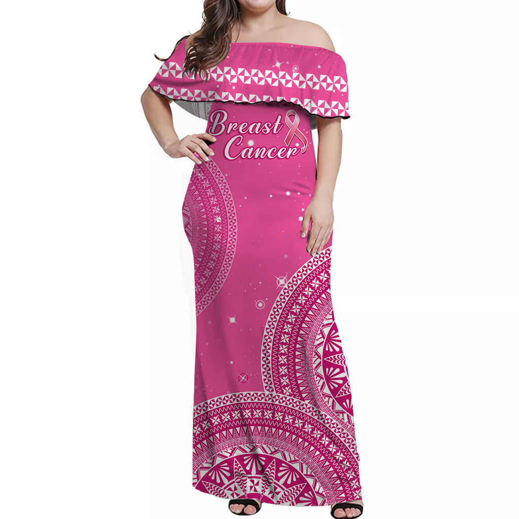 (Custom Personalised) Tonga Breast Cancer Off Shoulder Long Dress Tongan Ngatu Pattern No One Fights Alone LT14 Women Pink - Polynesian Pride