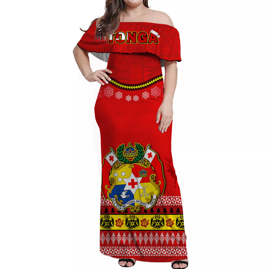 Tonga Christmas Off Shoulder Long Dress Tongan Ngatu Kilisimasi Fiefia LT14 Women Red - Polynesian Pride