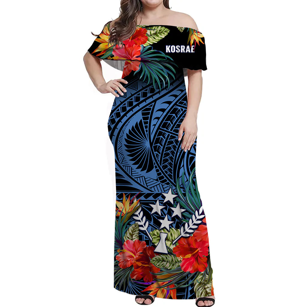 Kosrae State Off Shoulder Long Dress FSM Hibiscus Flowers Mix Polynesian LT14 Women Blue - Polynesian Pride