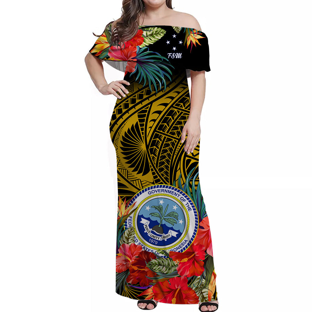Federated States of Micronesia Off Shoulder Long Dress Hibiscus Flowers FSM Seal Polynesian Ver.06 LT14 Women Gold - Polynesian Pride