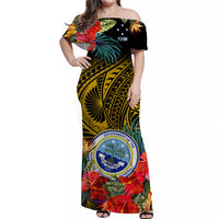 Federated States of Micronesia Off Shoulder Long Dress Hibiscus Flowers FSM Seal Polynesian Ver.06 LT14 Women Gold - Polynesian Pride