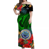 Federated States of Micronesia Off Shoulder Long Dress Hibiscus Flowers FSM Seal Polynesian Ver.02 LT14 Women Green - Polynesian Pride