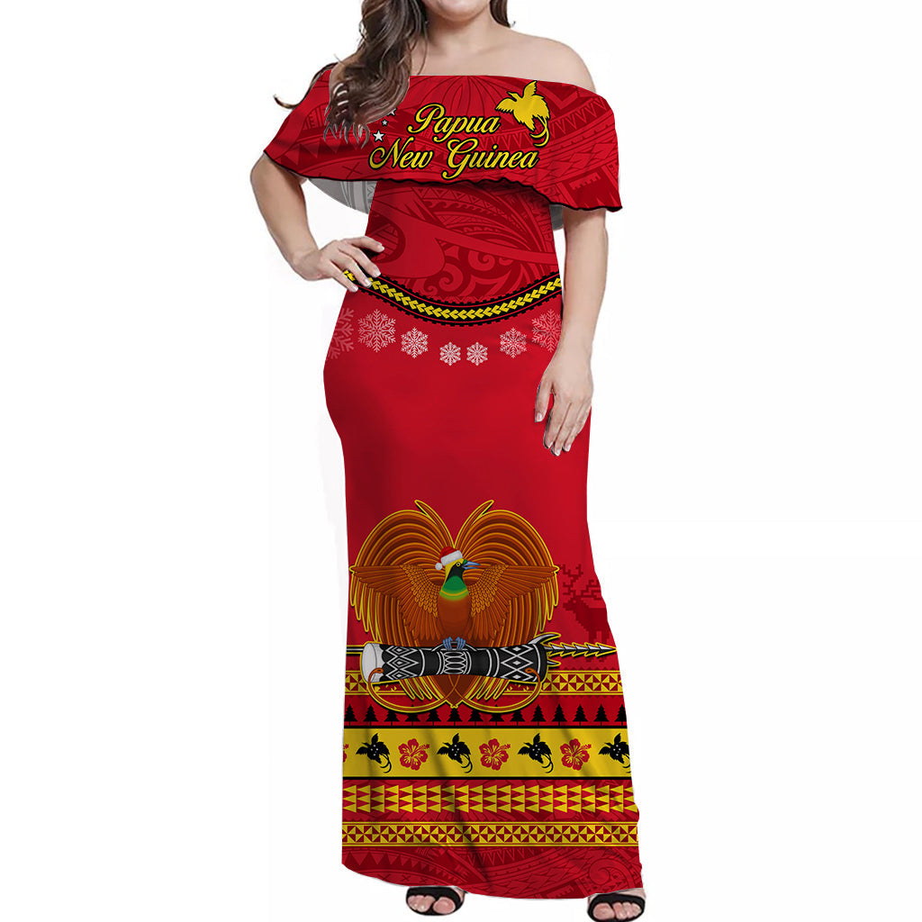 (Custom Personalised) Papua New Guinea Christmas Off Shoulder Long Dress Bird Of Paradise Bikpela Hamamas Blong Dispela Krismas LT14 Women Red - Polynesian Pride