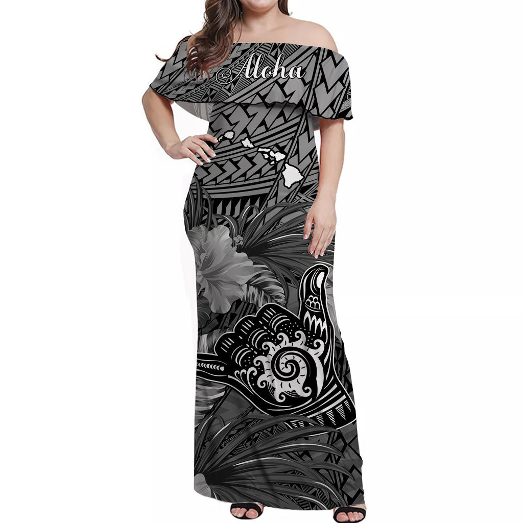 The Shaka Hawaii Off Shoulder Long Dress Tropical Flowers Gray Version LT13 Women Gray - Polynesian Pride