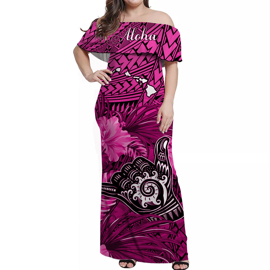 The Shaka Hawaii Off Shoulder Long Dress Tropical Flowers Pink Version LT13 Women Pink - Polynesian Pride