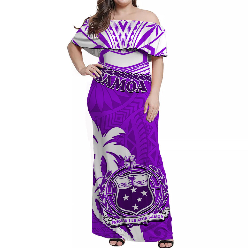 Samoa Off Shoulder Long Dress Samoan Coat Of Arms With Coconut Purple Style LT14 Women Purple - Polynesian Pride
