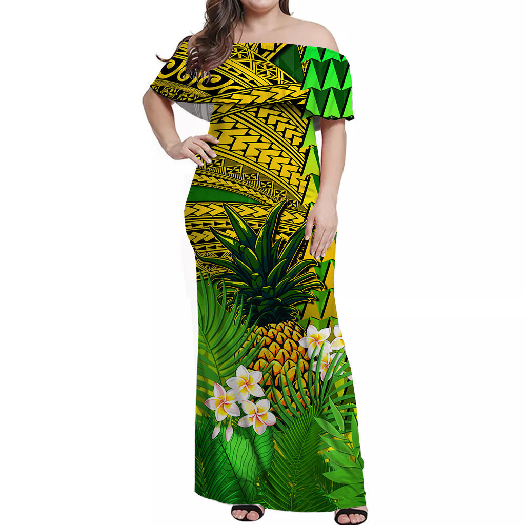 (Custom Personalised) Hawaii Pineapple Off Shoulder Long Dress Plumeria Frangipani Mix Tribal Pattern LT13 Women Green - Polynesian Pride