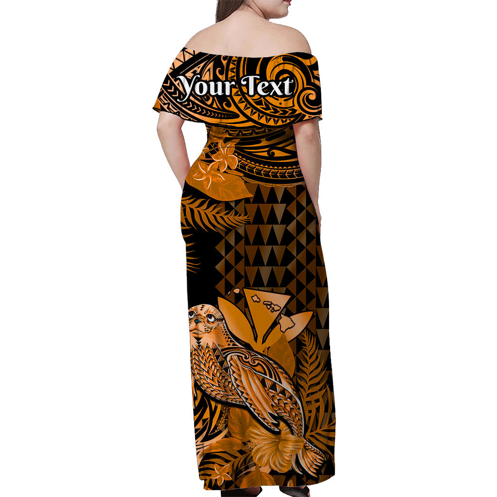 (Custom Personalised) Hawaii Monk Seal Off Shoulder Long Dress Kakau With Kanaka Gold LT14 - Polynesian Pride