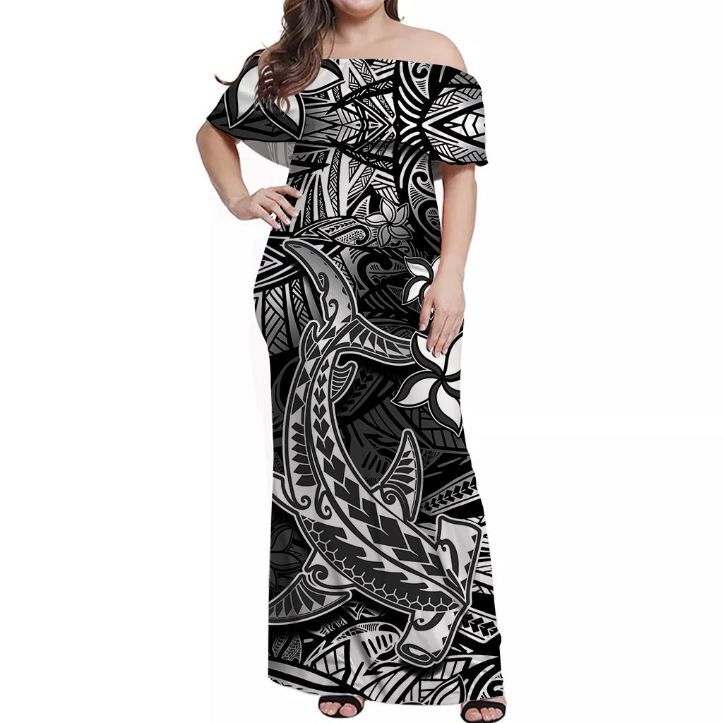 Polynesian Off Shoulder Long Dress Black Hawaiian Tribal Hammerhead Shark LT14 Women Black - Polynesian Pride