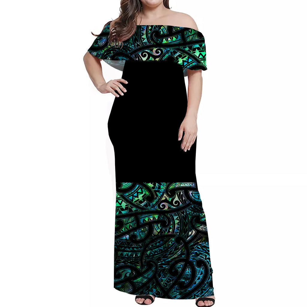 New Zealand Off Shoulder Long Dress Maori Paua Shell Ver.01 LT13 Women Art - Polynesian Pride