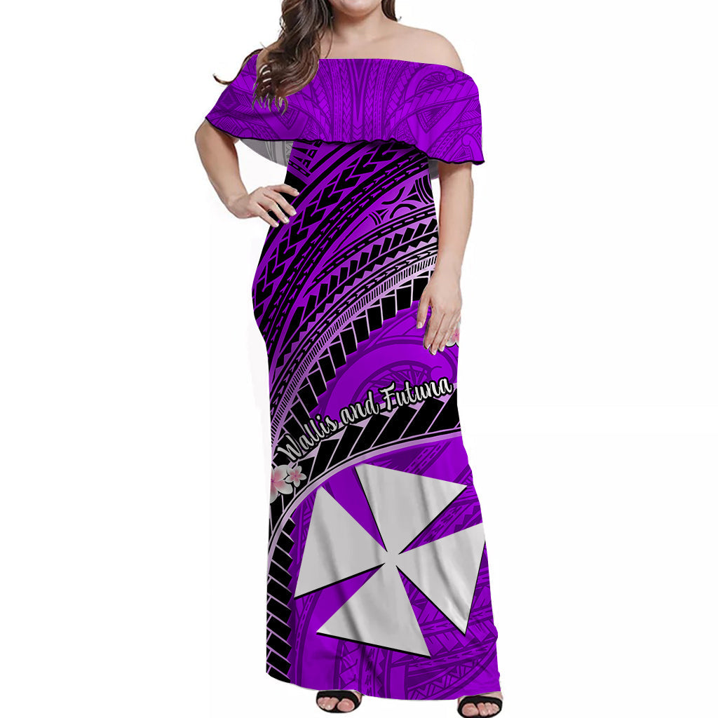 (Custom Personalised) Wallis And Futuna Off Shoulder Long Dress Plumeria Flowers With Purple Polynesian Pattern LT14 Women Purple - Polynesian Pride