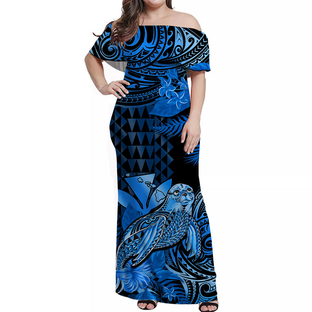Custom Hawaii Monk Seal Matching Dress and Hawaiian Shirt Kakau with Kanaka Blue LT14 - Polynesian Pride
