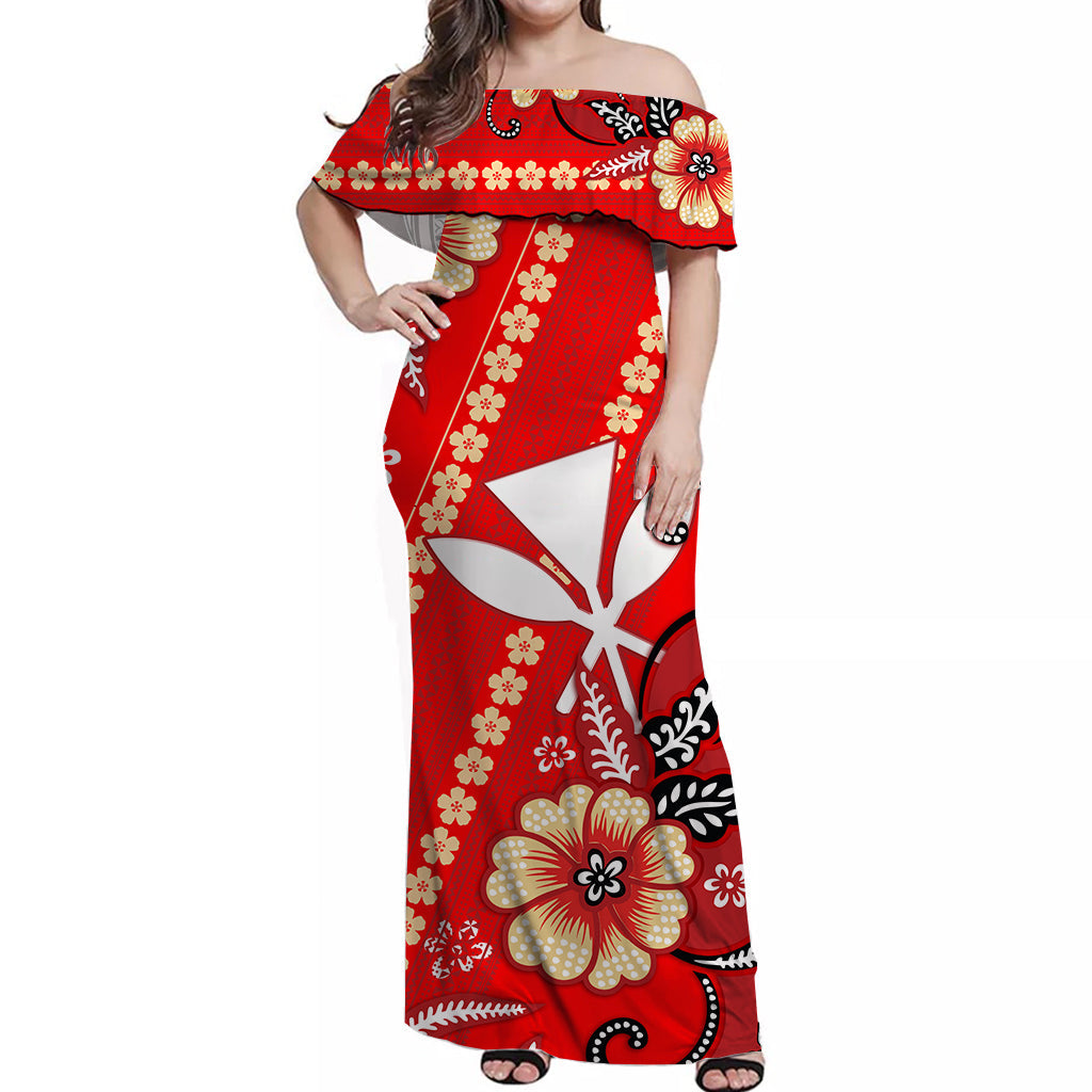 Hawaii Off Shoulder Long Dress Kakau Tribal Red Batik Floral Ver.01 LT13 Women Red - Polynesian Pride