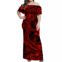 Polynesian Off Shoulder Long Dress Red Hawaiian Tribal Hammerhead Shark LT14 Women Red - Polynesian Pride