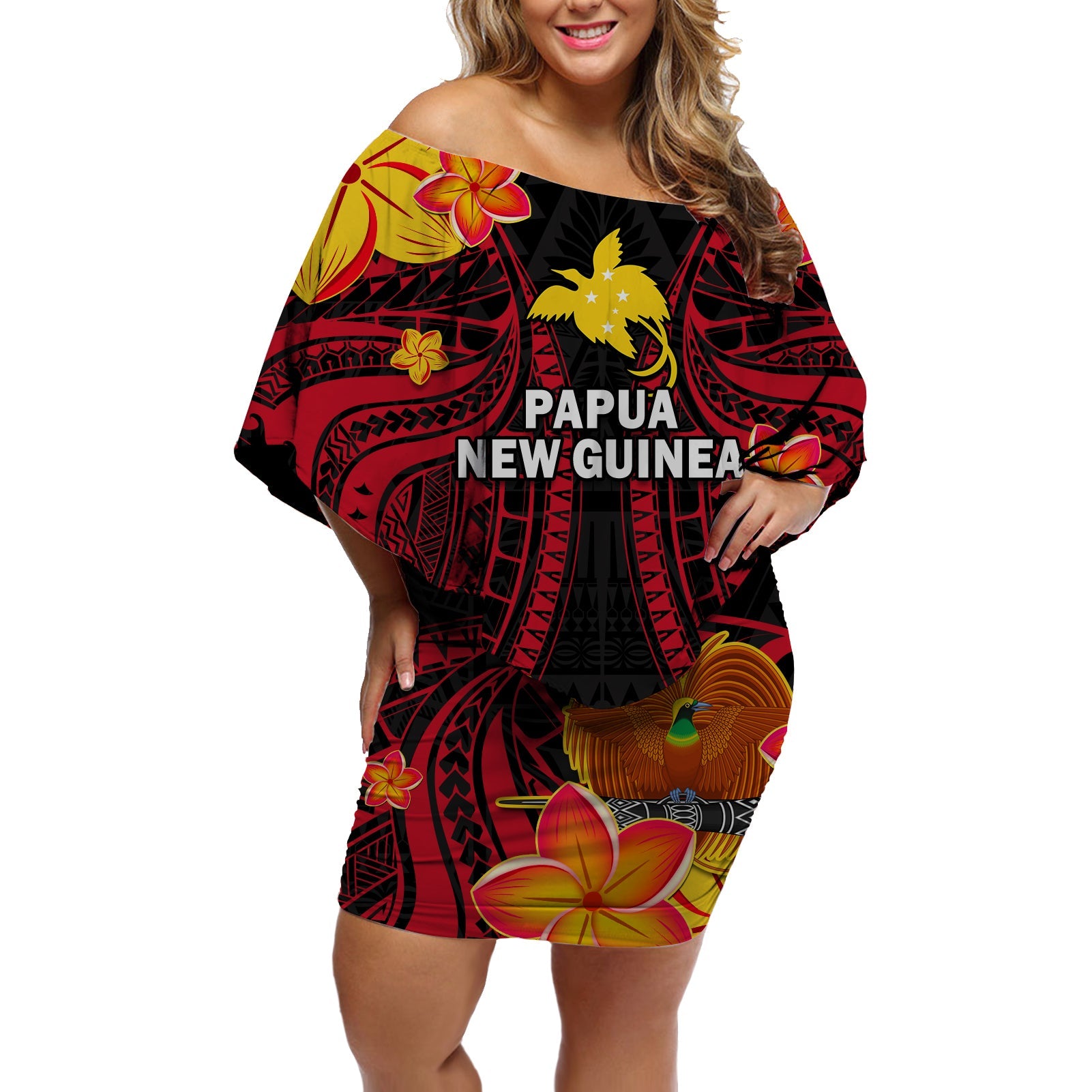 (Custom Personalised) Papua New Guinea Off Shoulder Short Dress PNG Bird Of Paradise Polynesian Pattern LT14 Women Black - Polynesian Pride