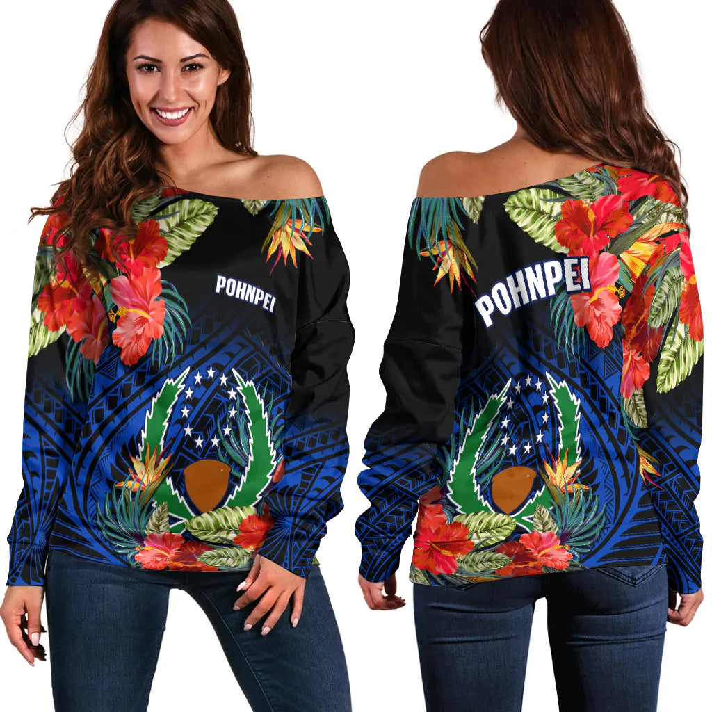 Pohnpei State Off Shoulder Sweater FSM Hibiscus Flowers Mix Polynesian LT14 Women Blue - Polynesian Pride