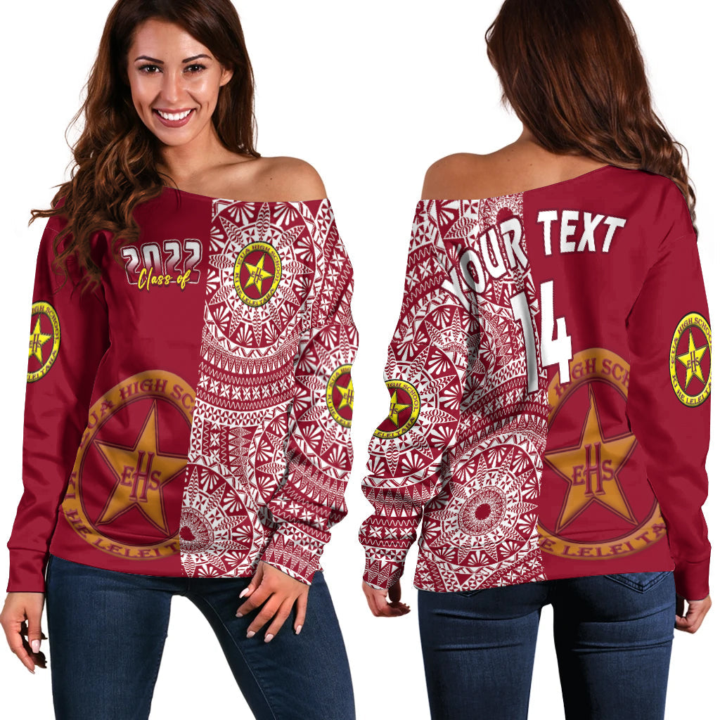 (Custom Text And Number) Tonga Eua High School Off Shoulder Sweater Class Of Year Tongan Ngatu Pattern LT14 - Polynesian Pride