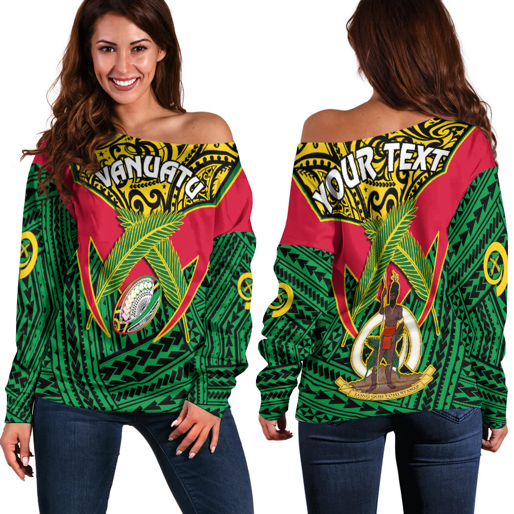 (Custom Personalised) Vanuatu Rugby Off Shoulder Sweater Coat Of Arms Polynesian Pattern LT14 Women Green - Polynesian Pride