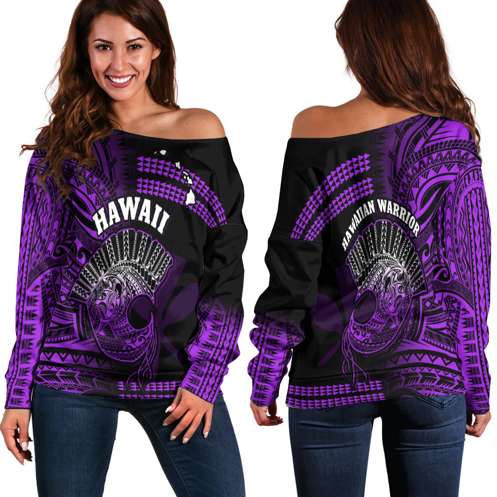 Hawaii Off Shoulder Sweater Kakau Warrior Helmet Gradient Purple Polynesian LT14 Women Purple - Polynesian Pride