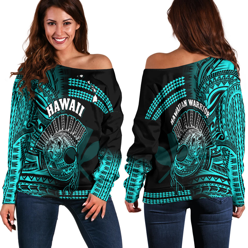 Hawaii Off Shoulder Sweater Kakau Warrior Helmet Gradient Turquoise Polynesian LT14 Women Turquoise - Polynesian Pride