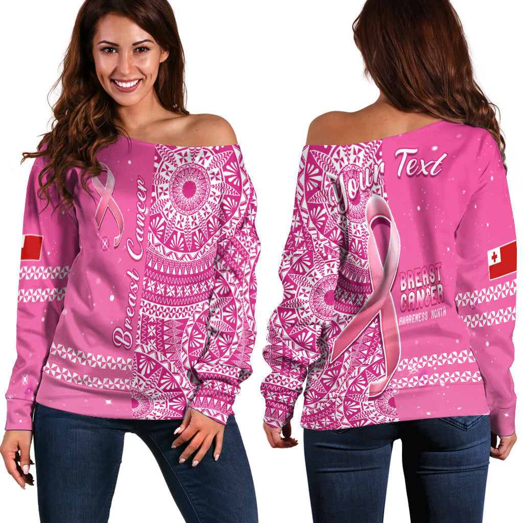 (Custom Personalised) Tonga Breast Cancer Off Shoulder Sweater Tongan Ngatu Pattern No One Fights Alone LT14 Women Pink - Polynesian Pride