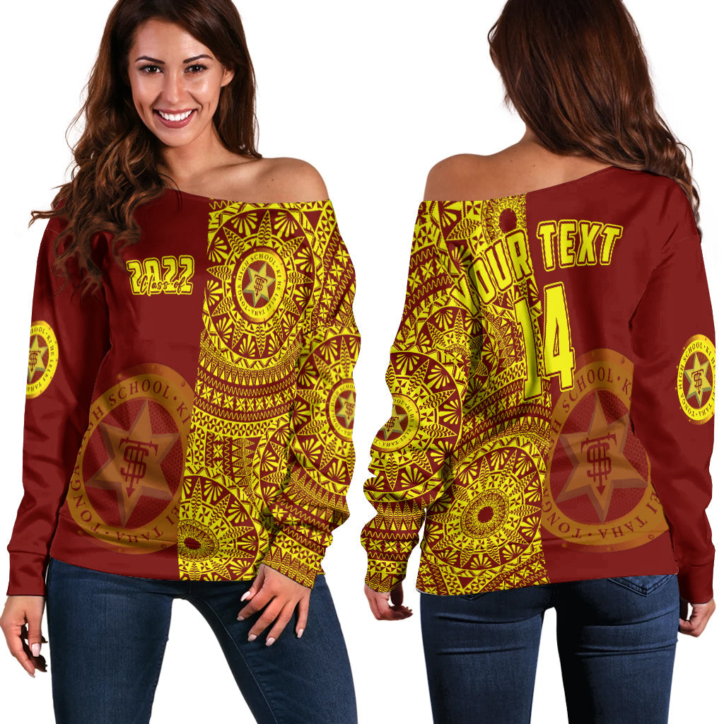 (Custom Text And Number) Tonga High School Off Shoulder Sweater Class Of Year Tongan Ngatu Pattern LT14 Women Red - Polynesian Pride