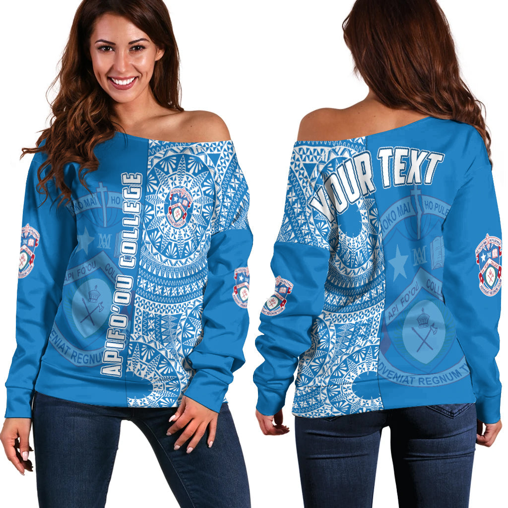 (Custom Personalised) Apifoou Tonga College Off Shoulder Sweater Tongan Ngatu Pattern LT14 Women Blue - Polynesian Pride