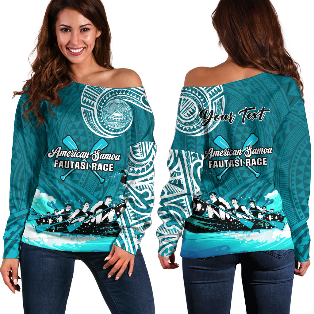 (Custom Personalised) American Samoa Off Shoulder Sweater Fautasi Race Samoan Pattern Ver.03 LT14 Women Turquoise - Polynesian Pride