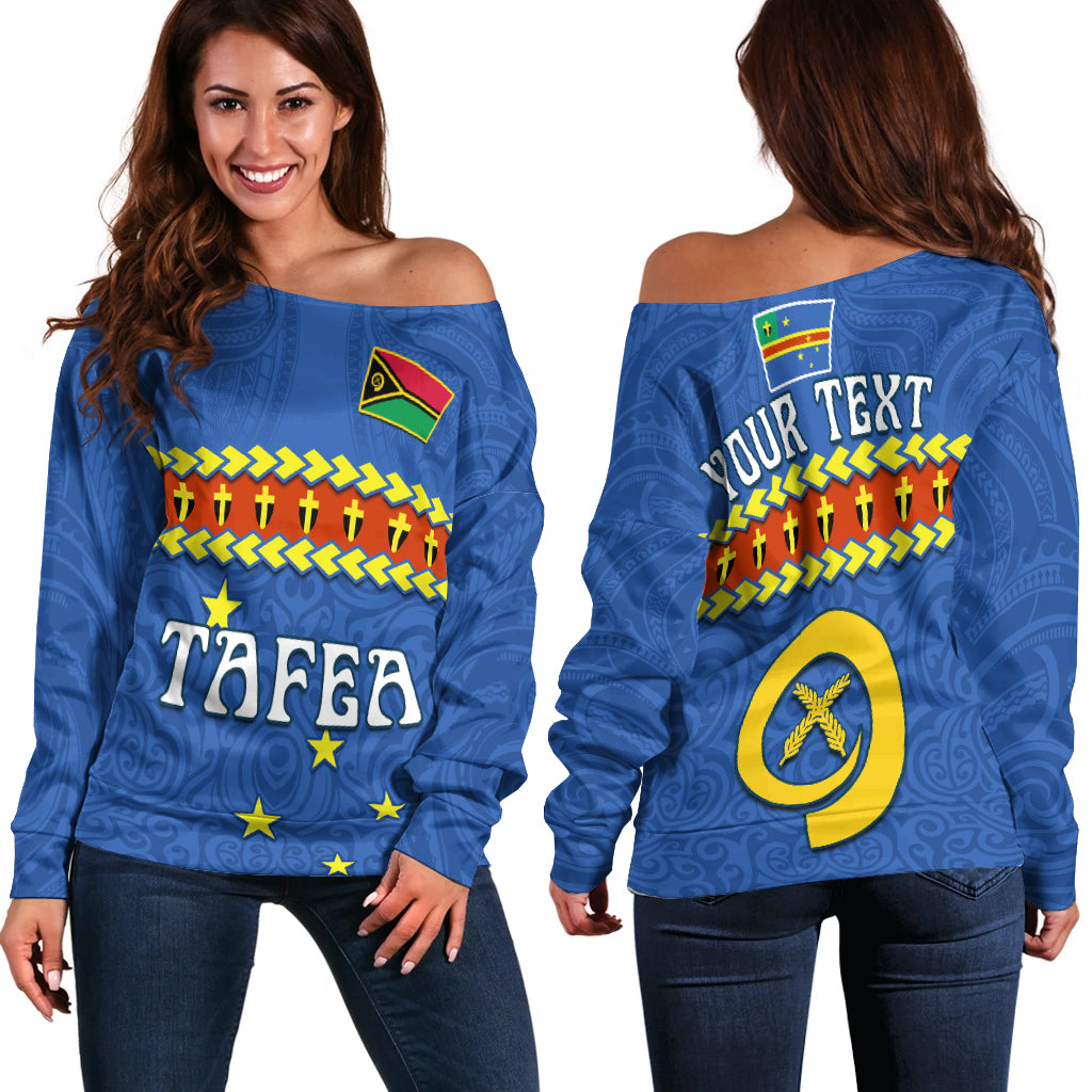 (Custom Personalised) Tafea Province Off Shoulder Sweater Vanuatu Pig Tusk Polynesian Flag Style LT14 Women Blue - Polynesian Pride