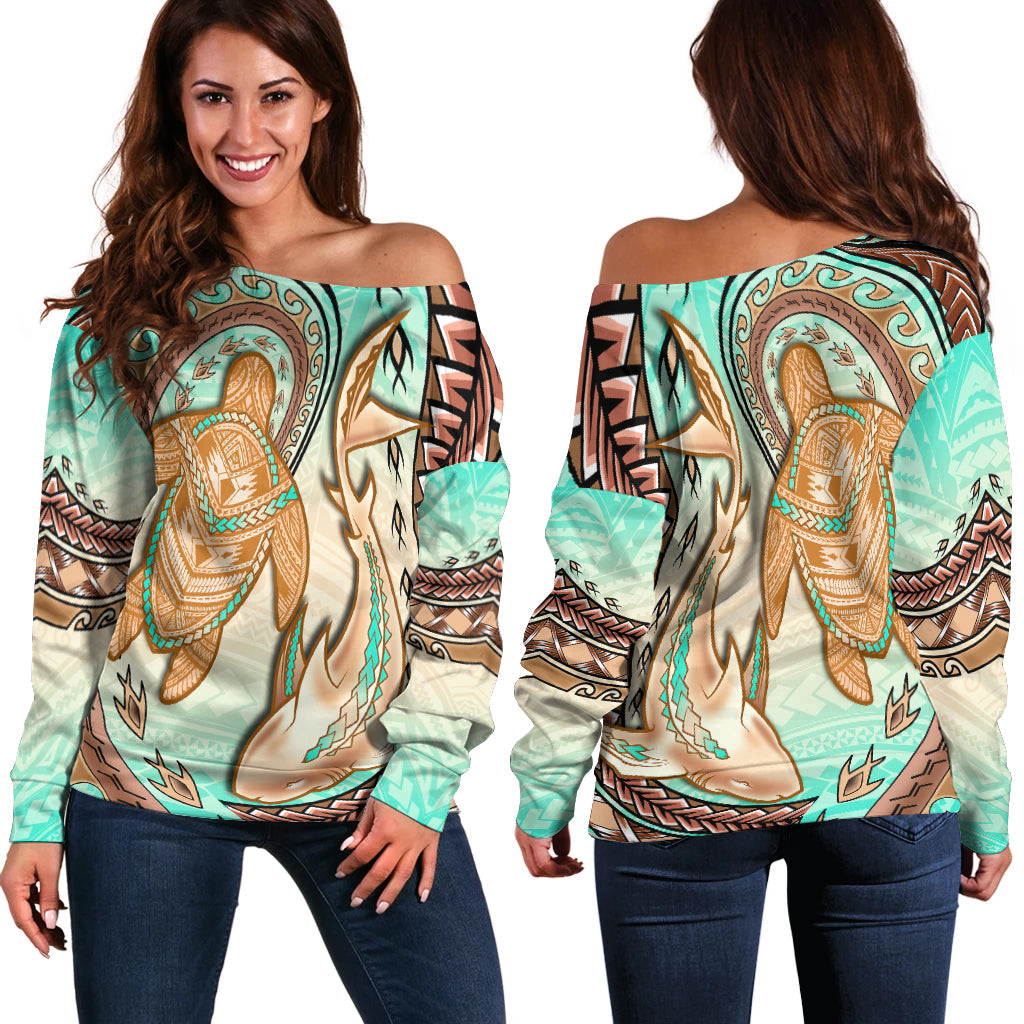 Hawaii Off Shoulder Sweater Polynesian Shark And Sea Turtle Dreamy Turquoise Artsy LT14 Women Turquoise - Polynesian Pride
