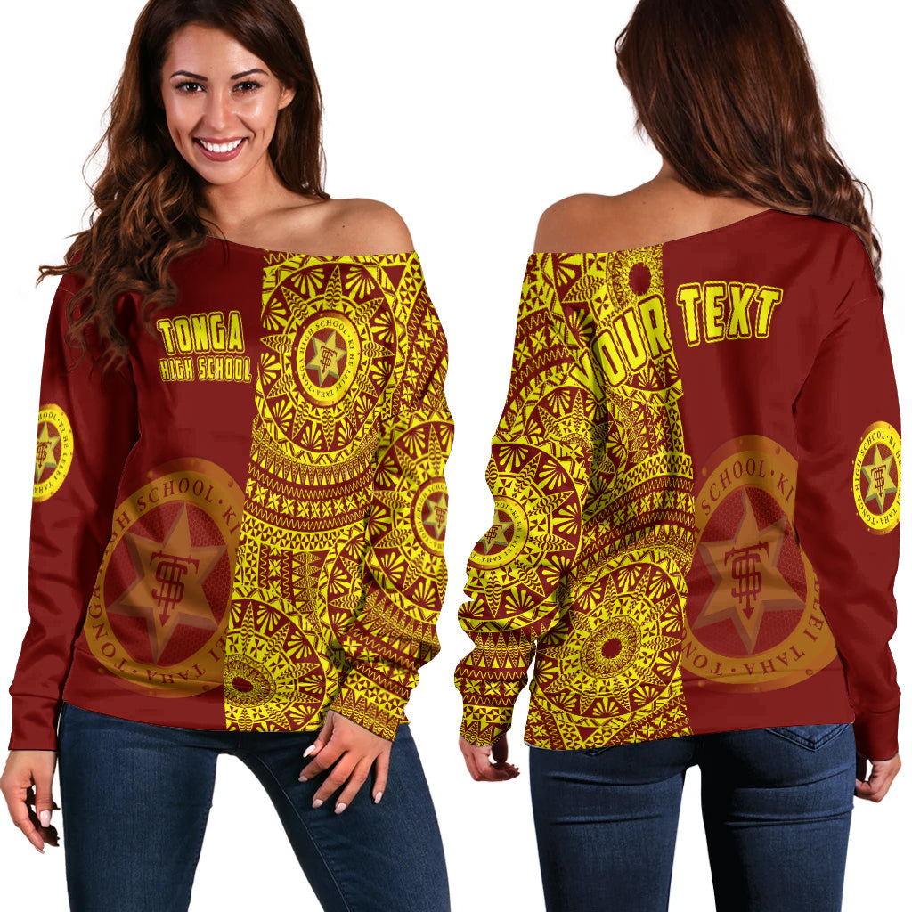 (Custom Personalised) Tonga High School Off Shoulder Sweater Tongan Ngatu Pattern LT14 Women Red - Polynesian Pride