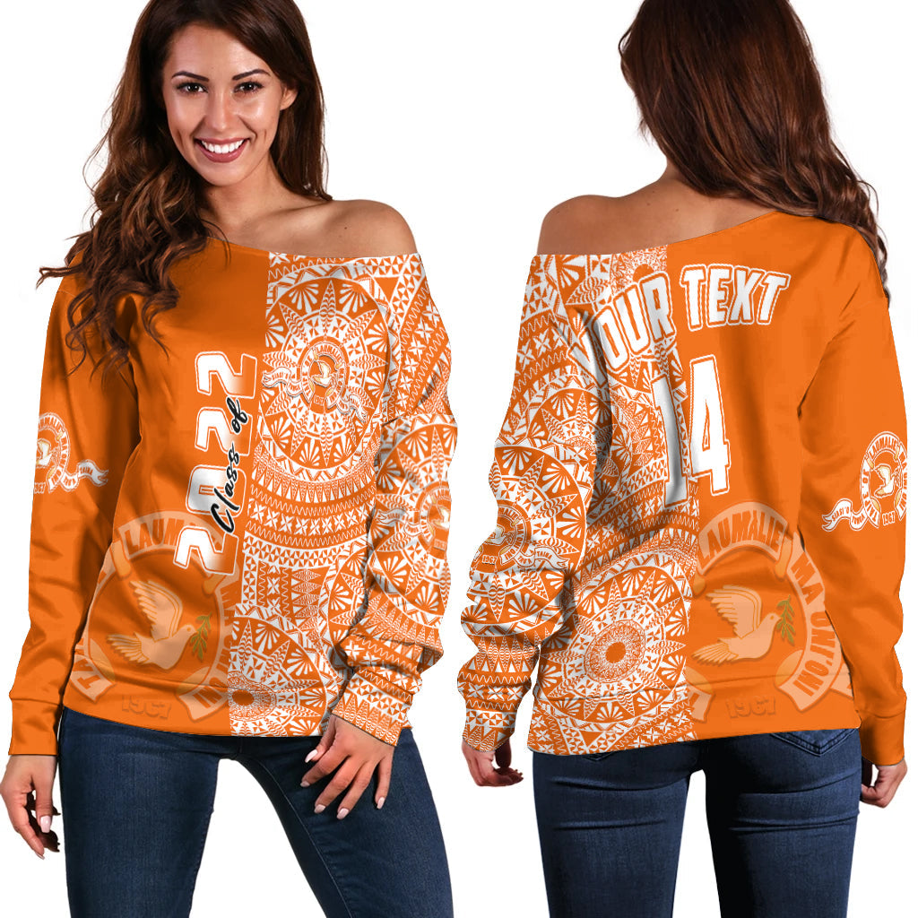 (Custom Text And Number) Tailulu Tonga College Off Shoulder Sweater Class Of Year Tongan Ngatu Pattern LT14 Women Orange - Polynesian Pride