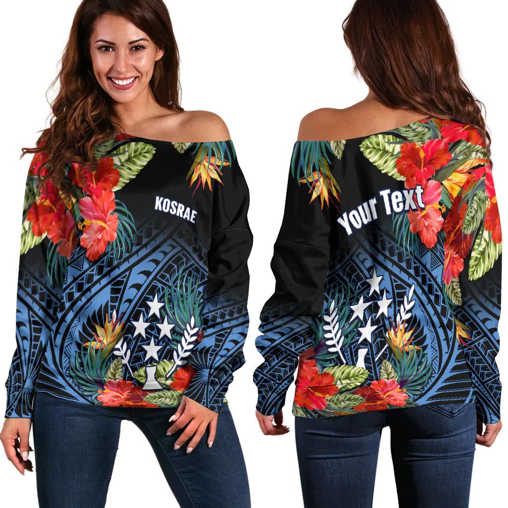 (Custom Personalised) Kosrae State Off Shoulder Sweater FSM Hibiscus Flowers Mix Polynesian LT14 Women Blue - Polynesian Pride