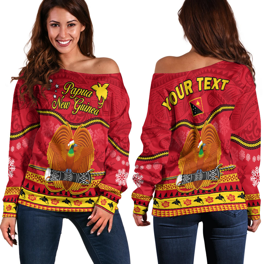 (Custom Personalised) Papua New Guinea Christmas Off Shoulder Sweater Bird Of Paradise Bikpela Hamamas Blong Dispela Krismas LT14 Women Red - Polynesian Pride