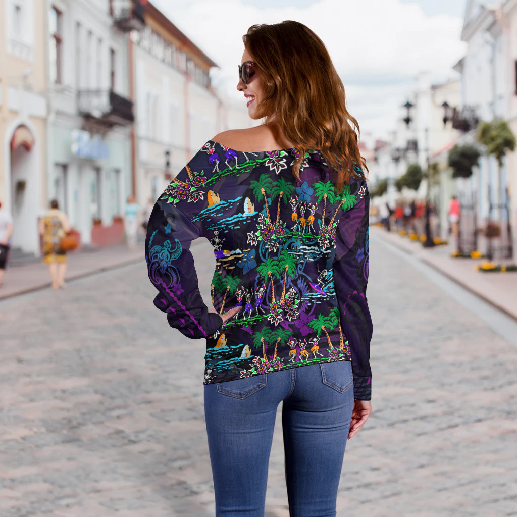 Hawaii Skeleton Dancing Off Shoulder Sweater Halloween Hawaiian Turtle LT13 - Polynesian Pride