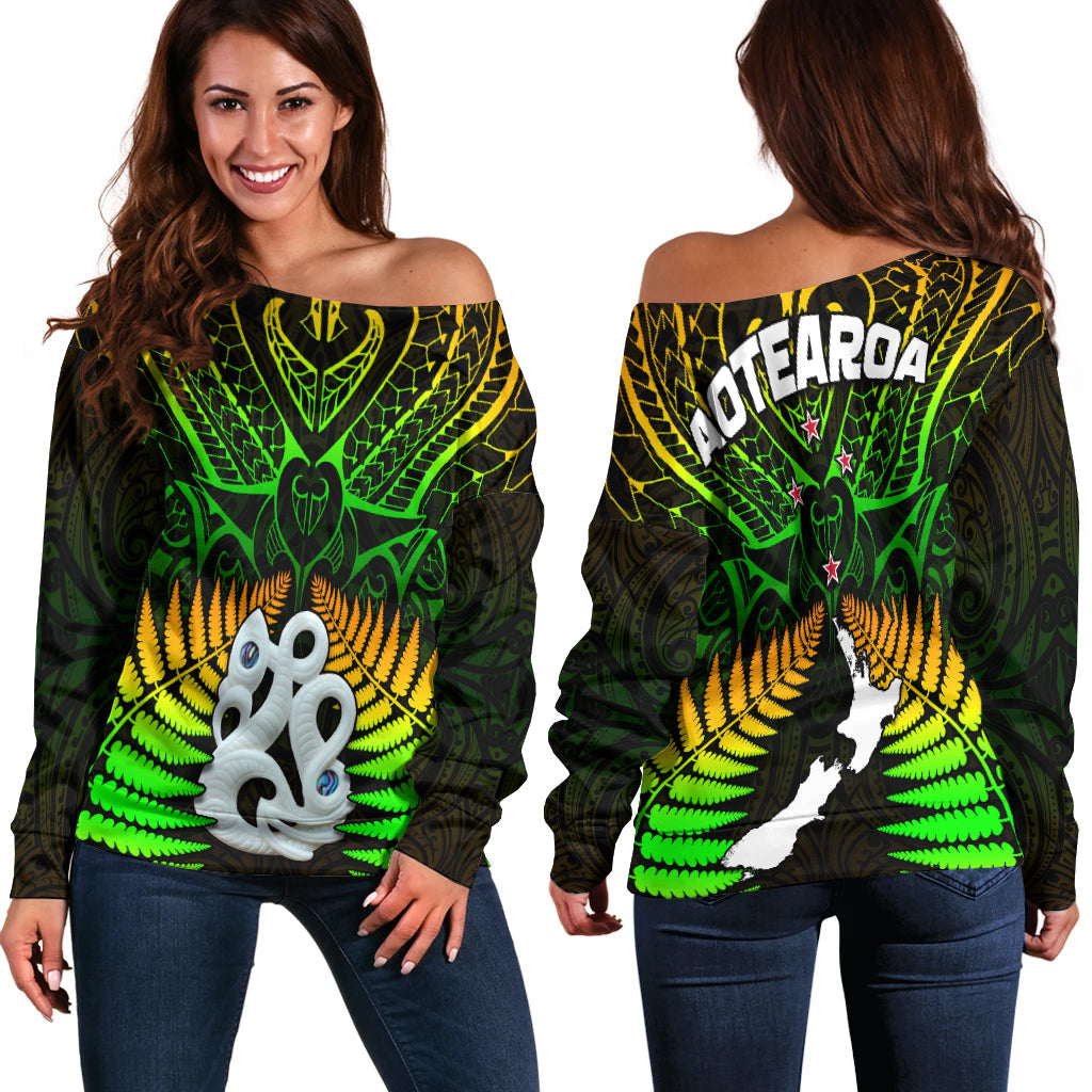 Aotearoa Fern Off Shoulder Sweater New Zealand Hei Tiki Special Style LT13 Women Green - Polynesian Pride