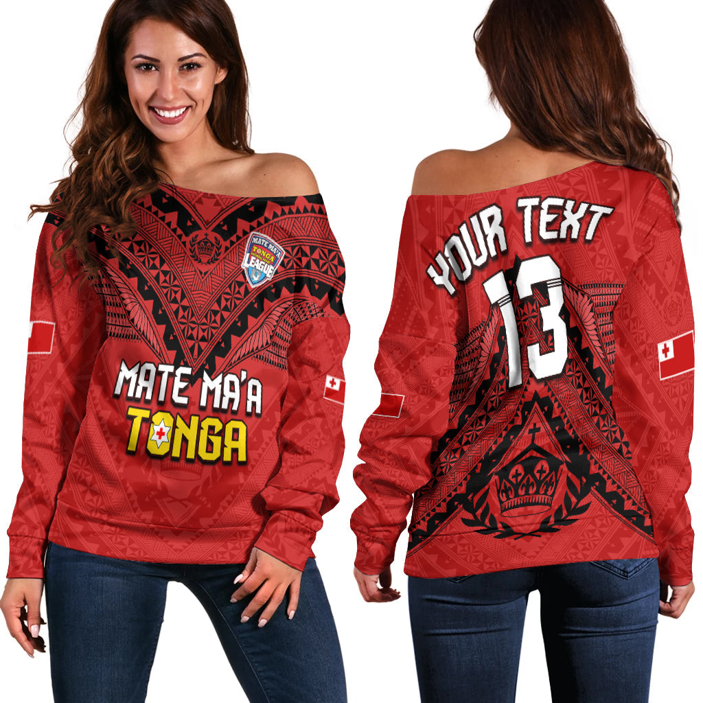 (Custom Text and Number) Tonga Rugby MMT Off Shoulder Sweater Ngatu Mate Maa Tonga Simple LT13 Women Red - Polynesian Pride