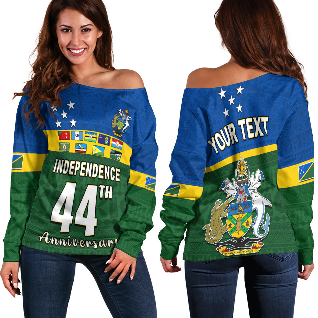 (Custom Personalised) Solomon Islands National Day Off Shoulder Sweater Independence Day Tapa Pattern LT13 Women Green - Polynesian Pride