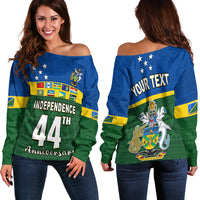 (Custom Personalised) Solomon Islands National Day Off Shoulder Sweater Independence Day Tapa Pattern LT13 Women Green - Polynesian Pride