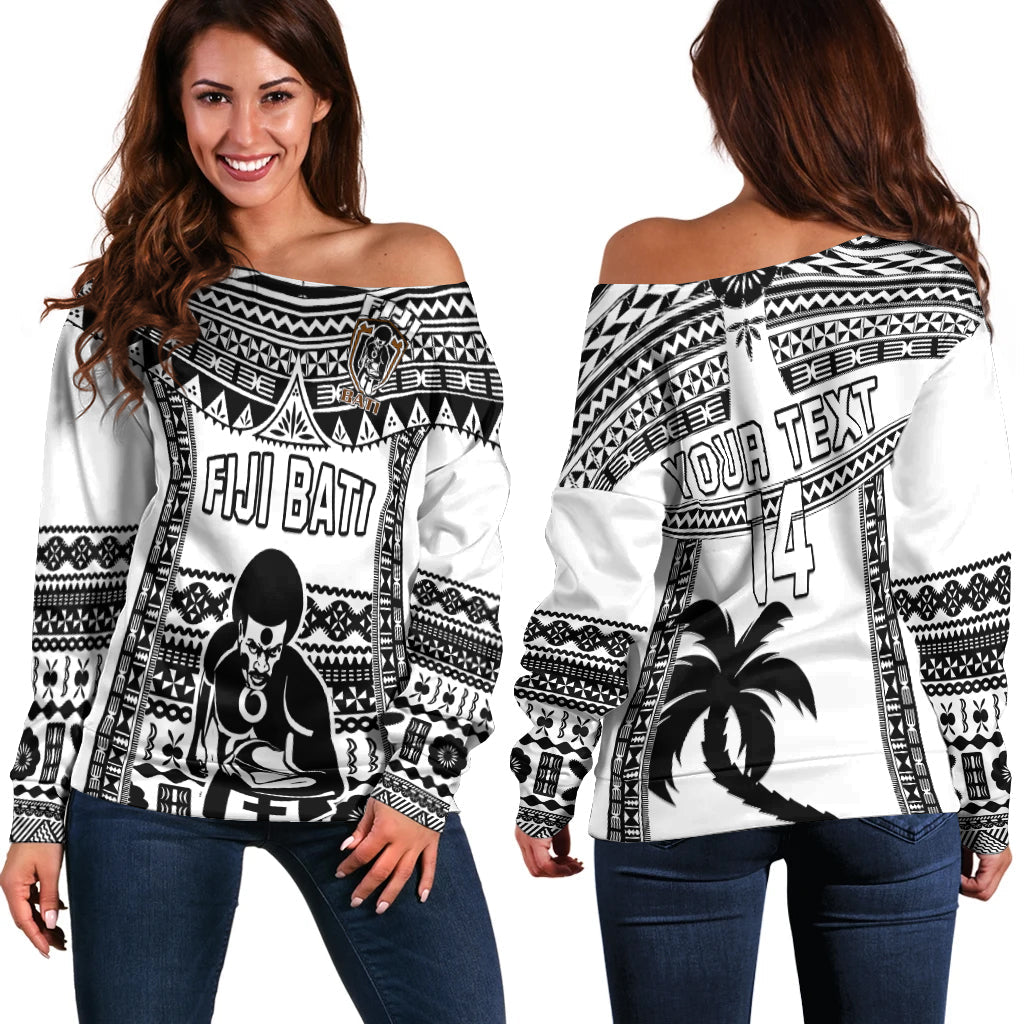 Custom Text And Number Fiji Rugby Off Shoulder Sweater Pacific The Bati Black Fijian Tapa LT14 Women Black - Polynesian Pride