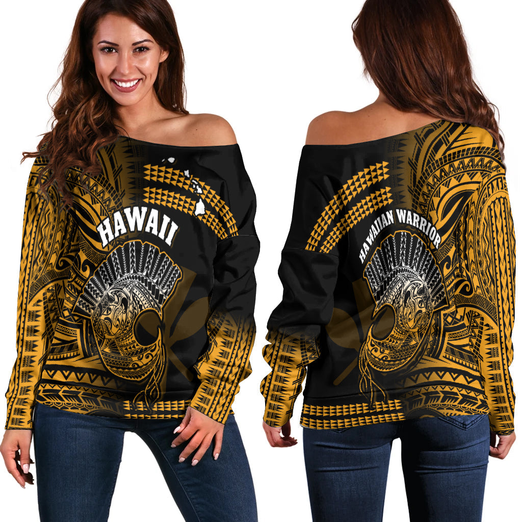 Hawaii Off Shoulder Sweater Kakau Warrior Helmet Gradient Gold Polynesian LT14 Women Gold - Polynesian Pride