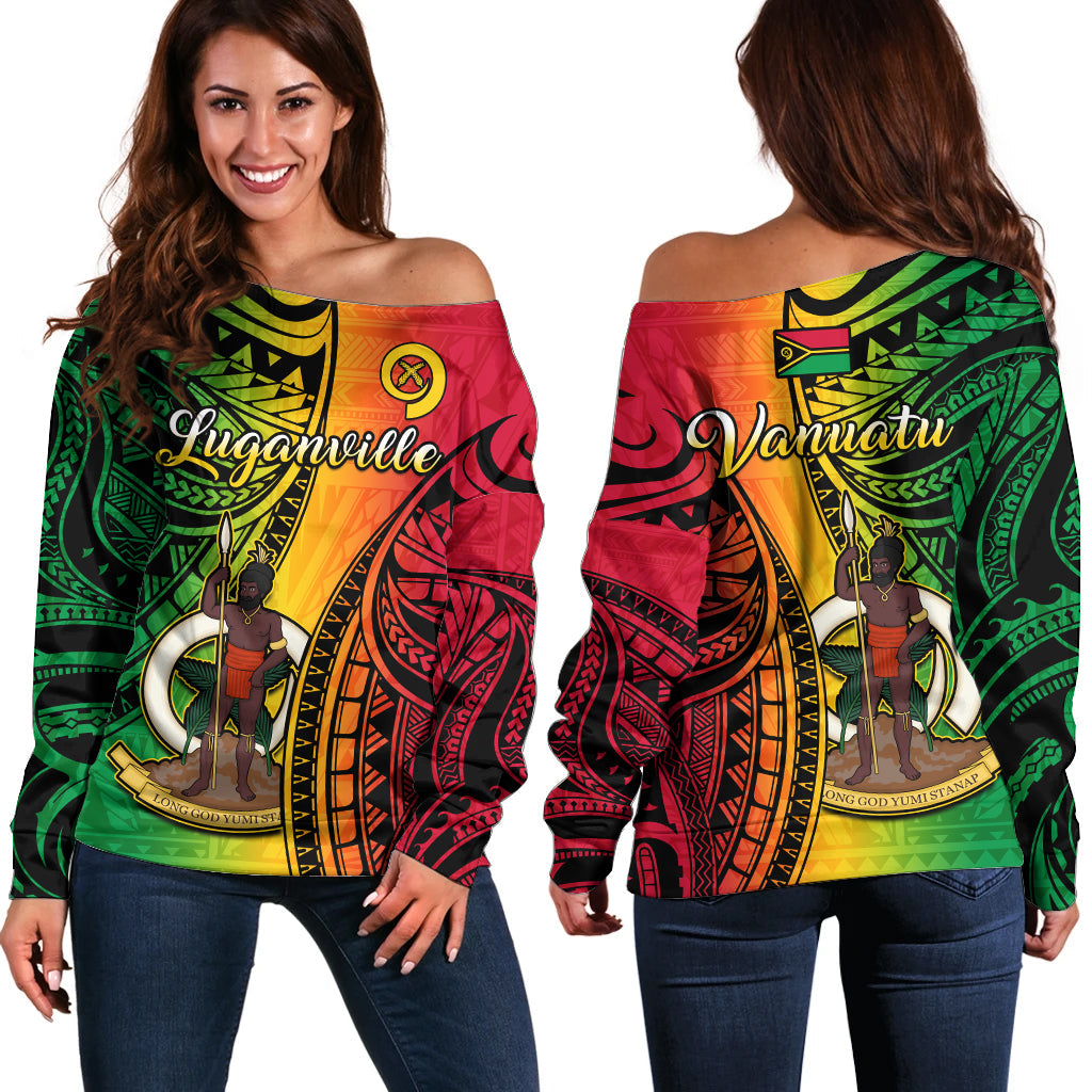 Vanuatu Hoodie Off Shoulder Sweater Luganville Polynesian Reggae Coat Of Arms LT14 Women Reggae - Polynesian Pride