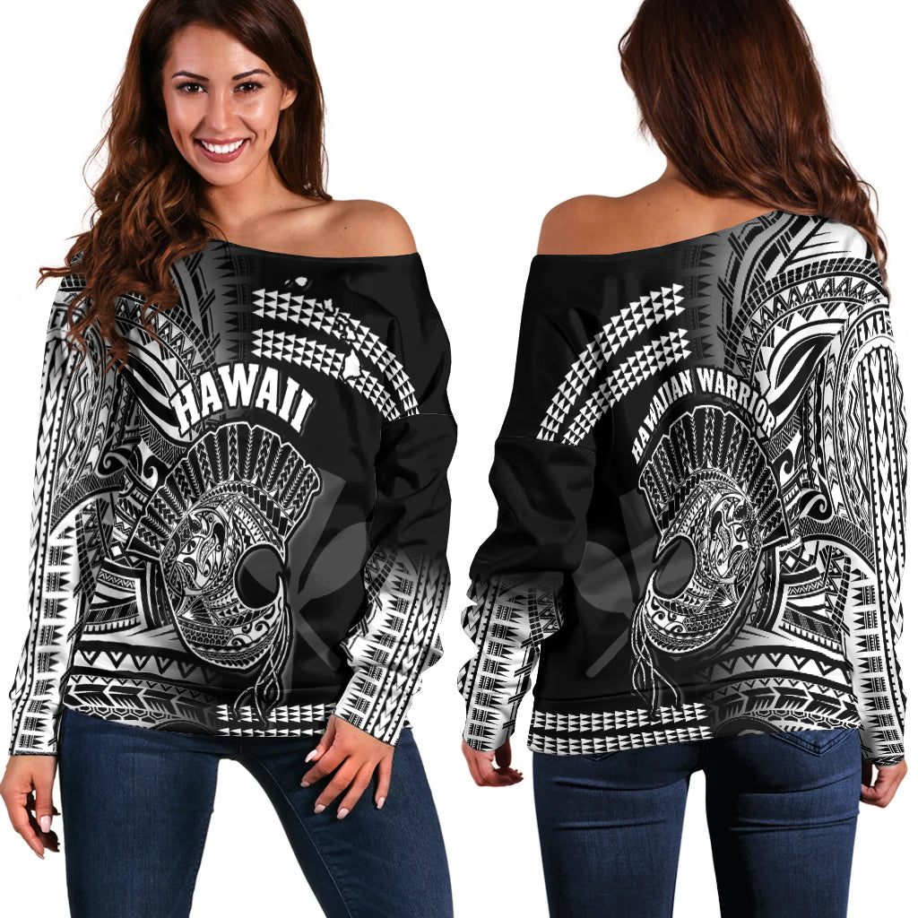 Hawaii Off Shoulder Sweater Kakau Warrior Helmet Gradient White Polynesian LT14 Women White - Polynesian Pride