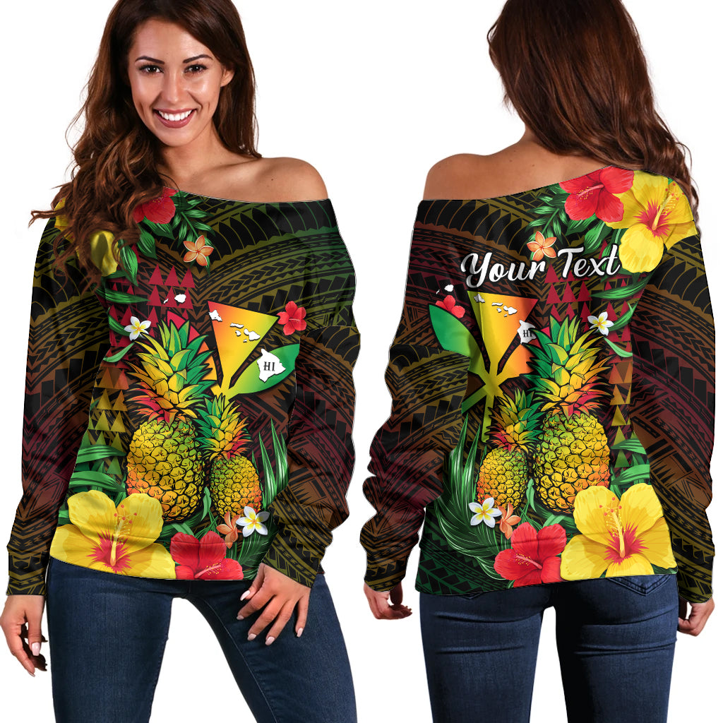 (Custom Personalised) Hawaii Hoodie Off Shoulder Sweater Pineapple Mix Kakau Reggae Kanaka LT14 Women Reggae - Polynesian Pride